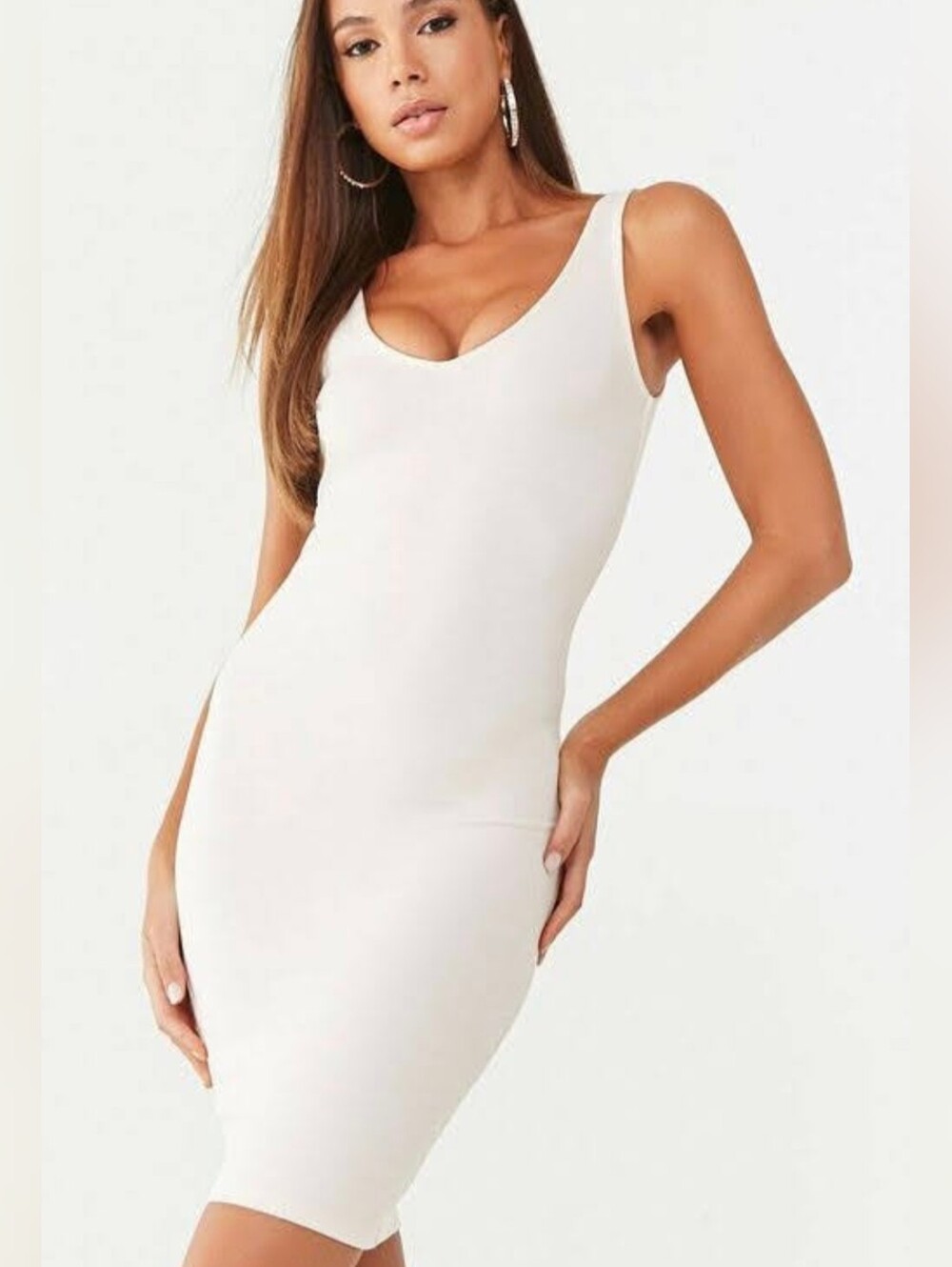 Nwt Forever 21 Medium Cream Scoop Neck Bodycon Chemise Dress Elegant